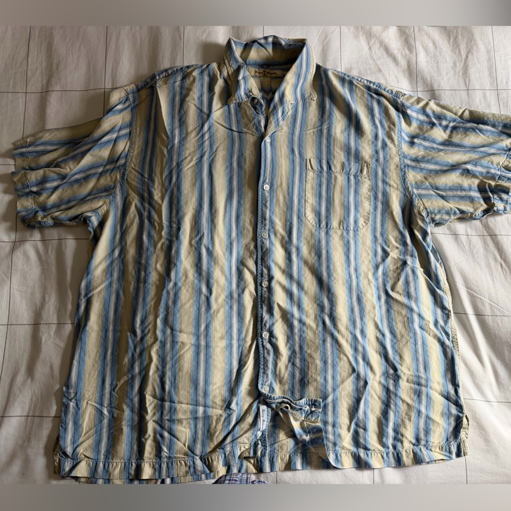 Tommy Bahama Men’s Blue and Yellow Striped Casual Button Down Silk Shirt